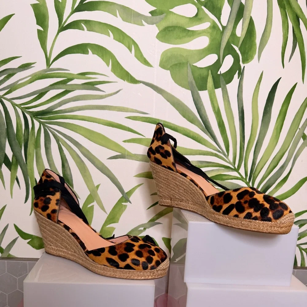 NEW J. Crew Leopard Print Espadrille Wedges with Black Ties